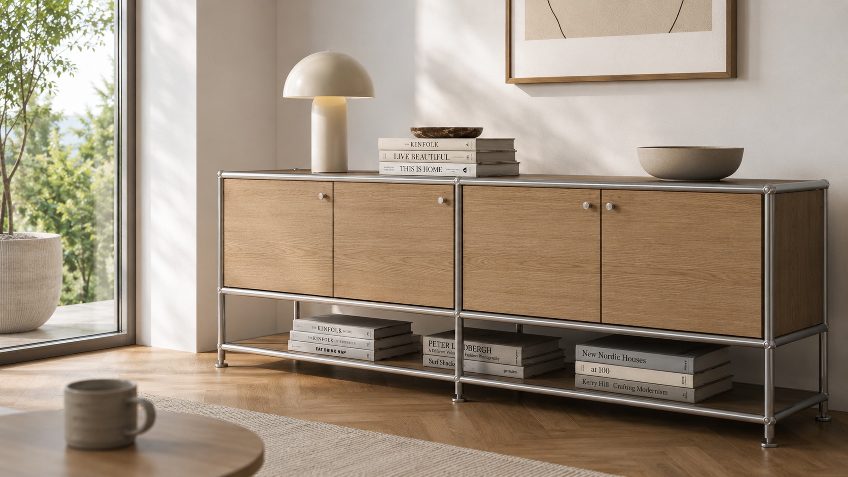 Ein Sideboard aus Holz steht auf einem schlanken Gestell aus Rundrohr Edelstahl.