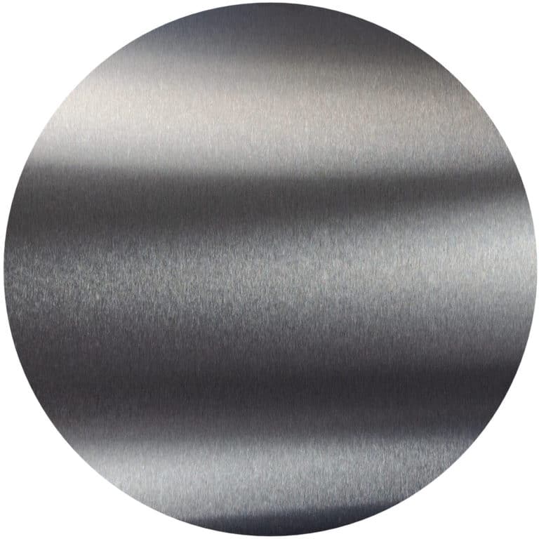 Runde V2A-Edelstahlplatte mit gebürsteter, reflektierender Oberfläche in Silberoptik.