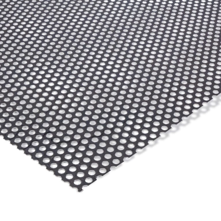 Edelstahl-Lochblech mit runden perforierten Löchern Rv 3-5 in Nahaufnahme.