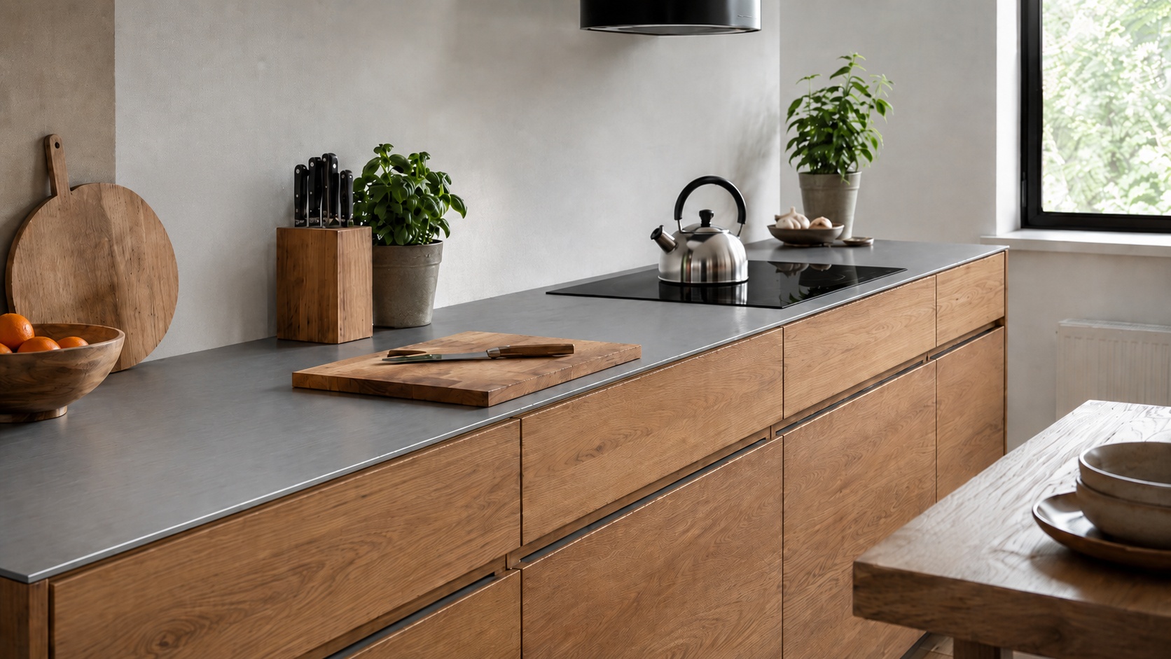 Ungeschliffenes Edelstahl V2A kombiniert mit Holzfronten prägen eine moderne Küche.