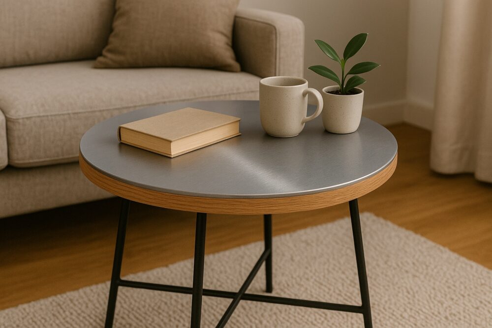In einem gemütlichen Wohnzimmer steht ein runder Beistelltisch mit einer dünnen Edelstahlplatte auf einer dickeren Holzplatte, auf dem ein Buch, eine Tasse und eine kleine Pflanze liegen.