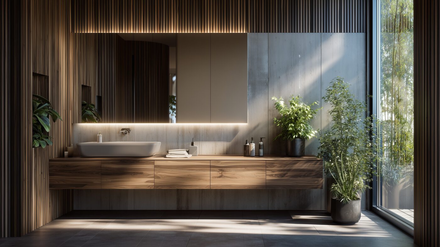 Badezimmer mit Edelstahlpaneelen und Holzwaschtisch.