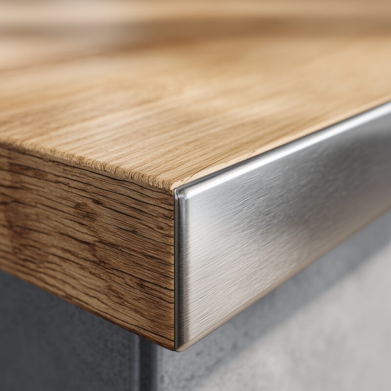 Edelstahlkante mit Schweißnaht und Eichenholz.