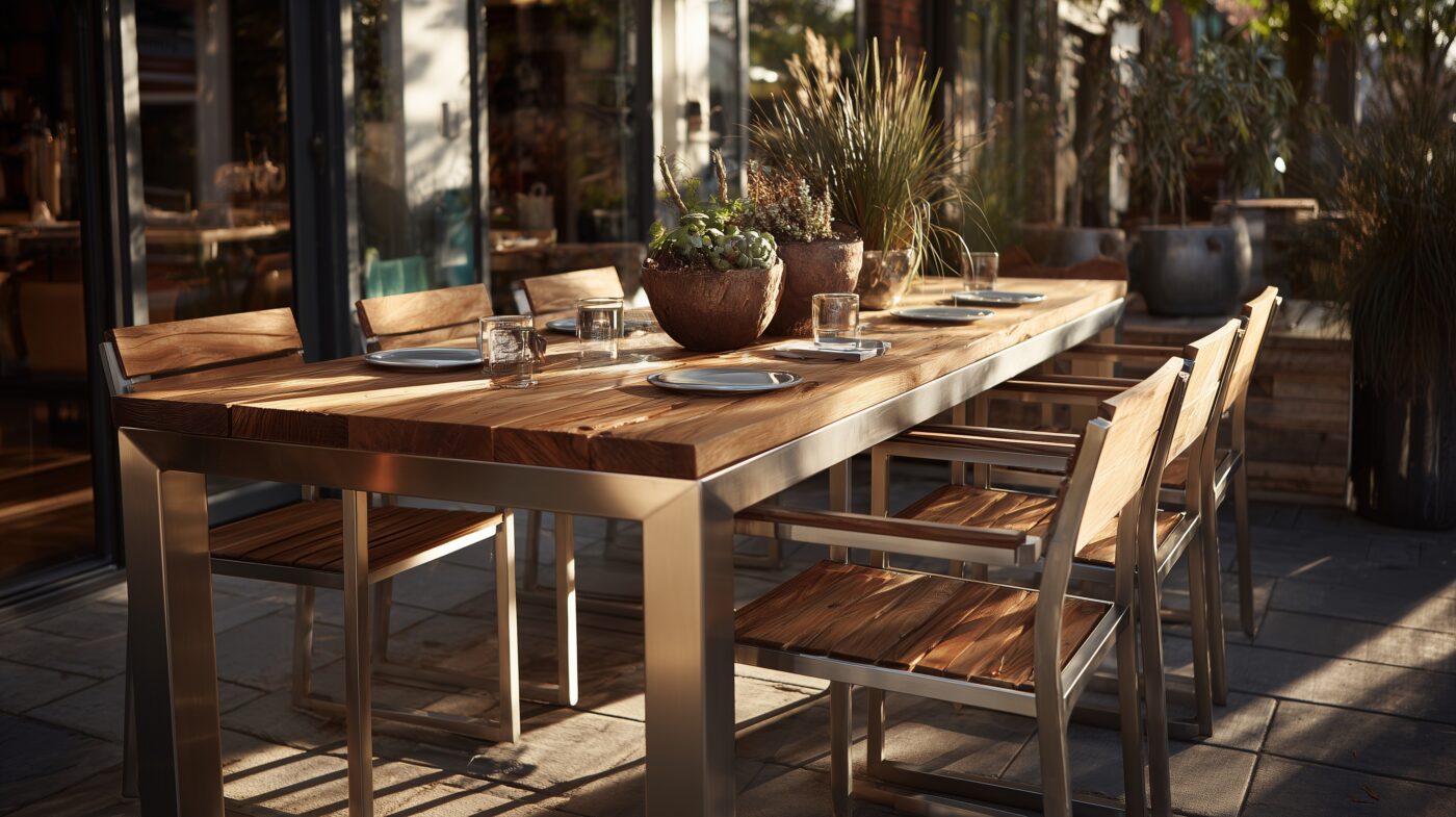 Outdoor-Essbereich mit recyceltem Edelstahltisch und Holzstühlen.
