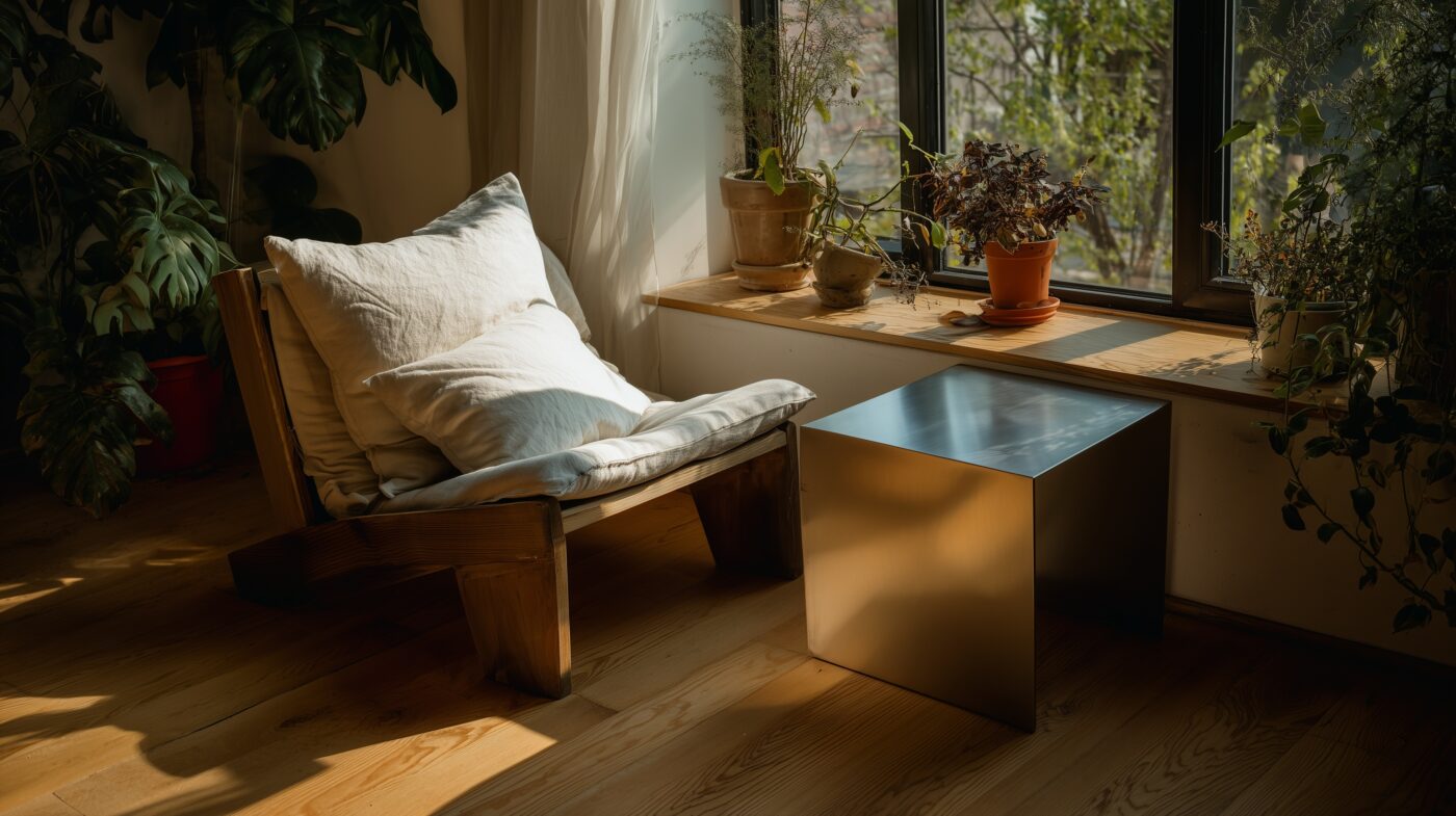 Leseecke mit Edelstahltisch, Holzstuhl und Pflanzen.