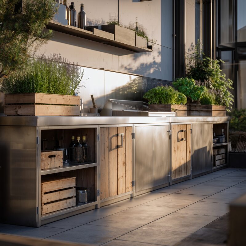 Outdoor-Küche mit nachhaltigen Edelstahlflächen und Holzregalen.