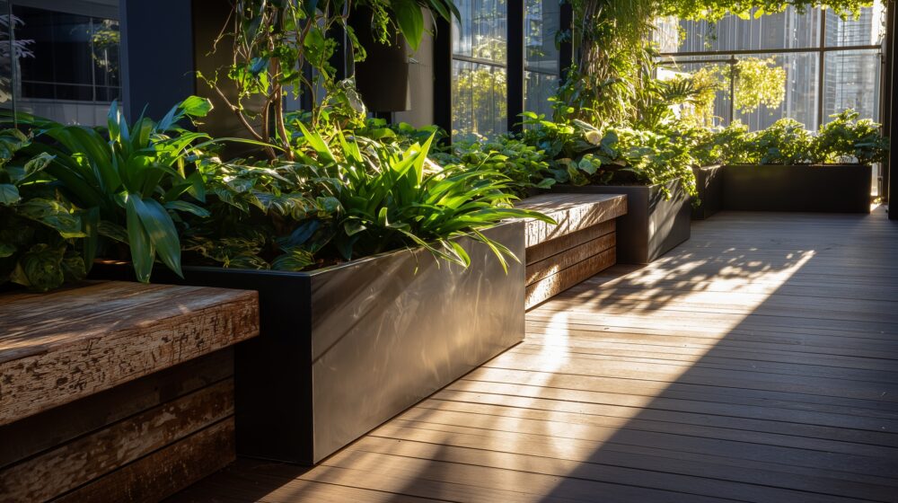Balkongarten mit Edelstahl-Pflanzkästen und Holzbank.