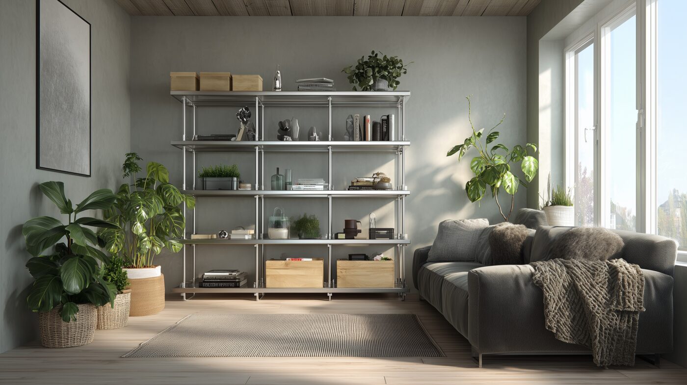 Wohnzimmer mit Edelstahlregal, Holz und wohnlichen Details.