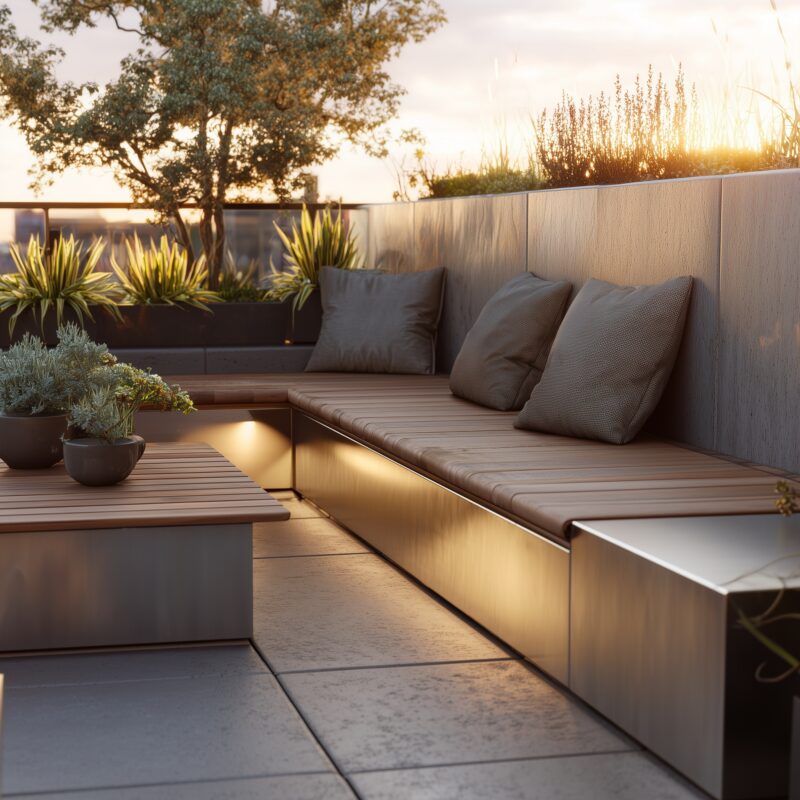 Sitzlounge mit Edelstahlplatten und Holz, Pflanzen, sowie Sonnenlicht.