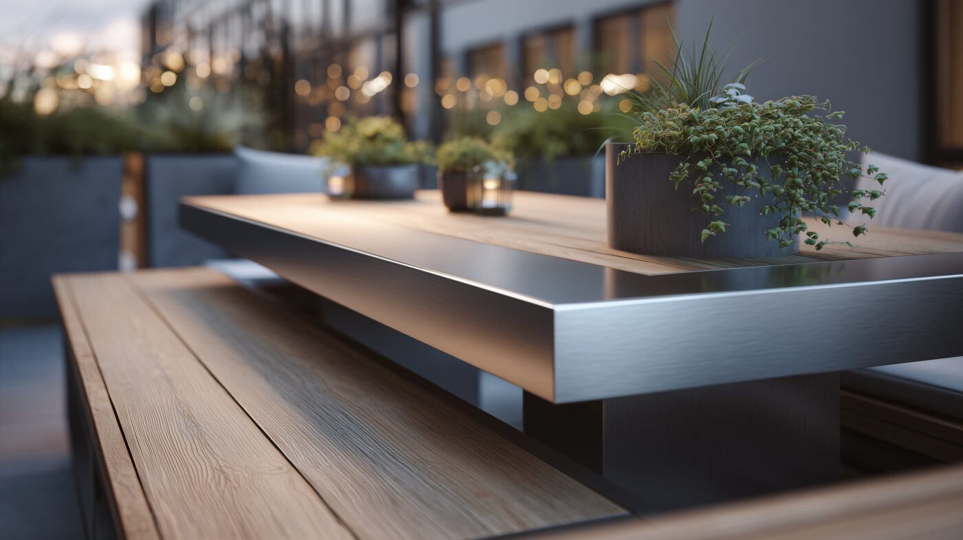 Terrasse mit Edelstahl-Tischplatte und Holzbeinen umgeben von Pflanzen.