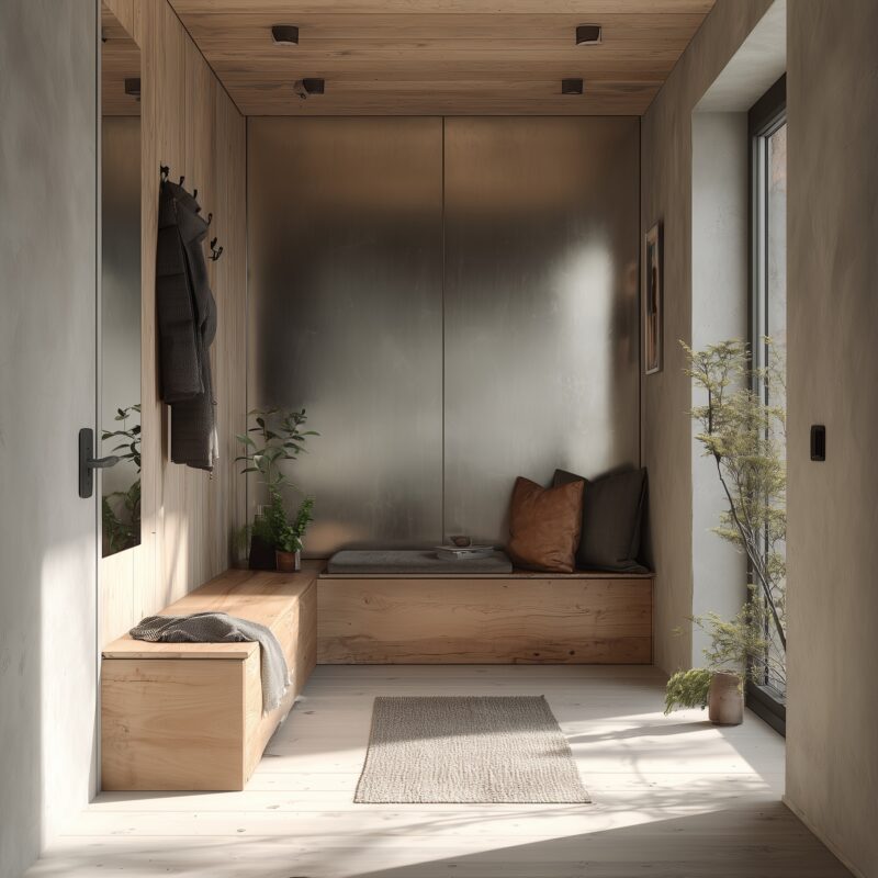 Flur mit Edelstahl-Wandpaneel, Holzbank und Pflanzen.