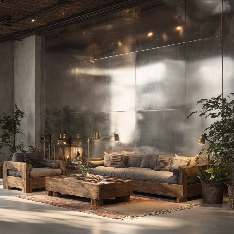 Loft mit Edelstahl-Akzentwand und Holzvintage-Möbeln.