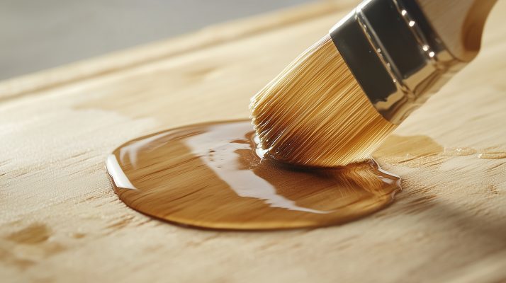 Ein Pinsel trägt Egalisierungsmittel auf eine helle Holzfläche auf