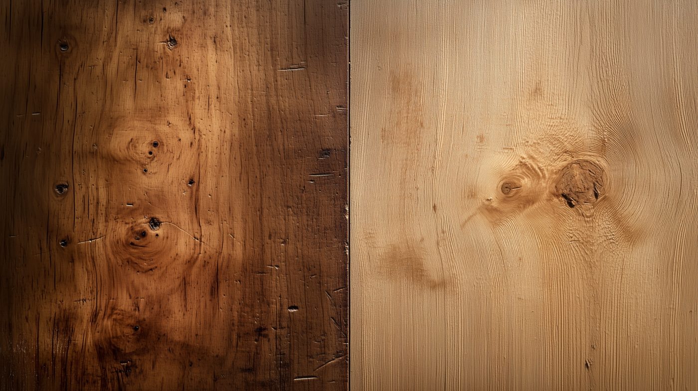 Zweiteilige Darstellung einer Holzfläche vor und nach dem Egalisieren – links ungleichmäßig, rechts gleichmäßig und glatt