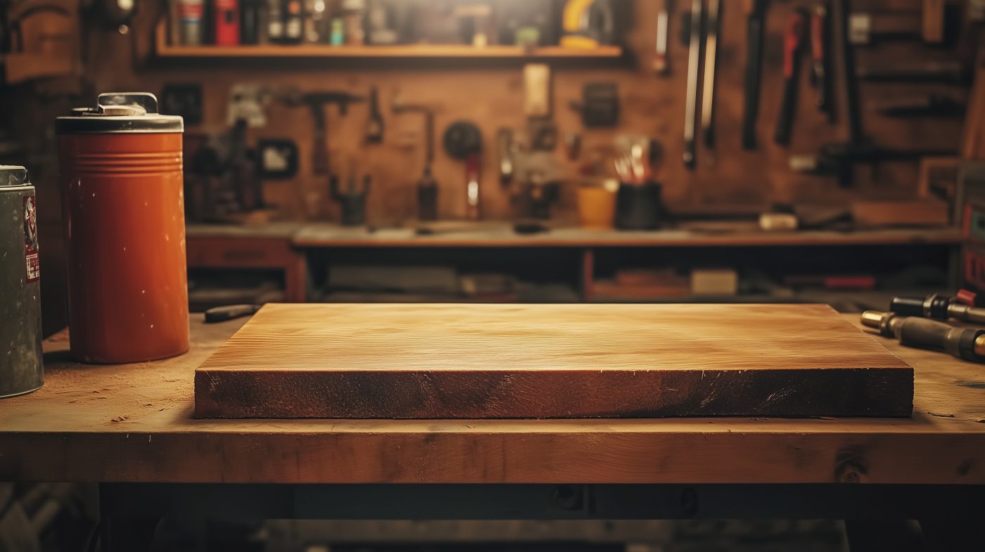Ein vorbereitetes, egalisiertes Holzbrett liegt bereit zum Beizen in einer Werkstattumgebung