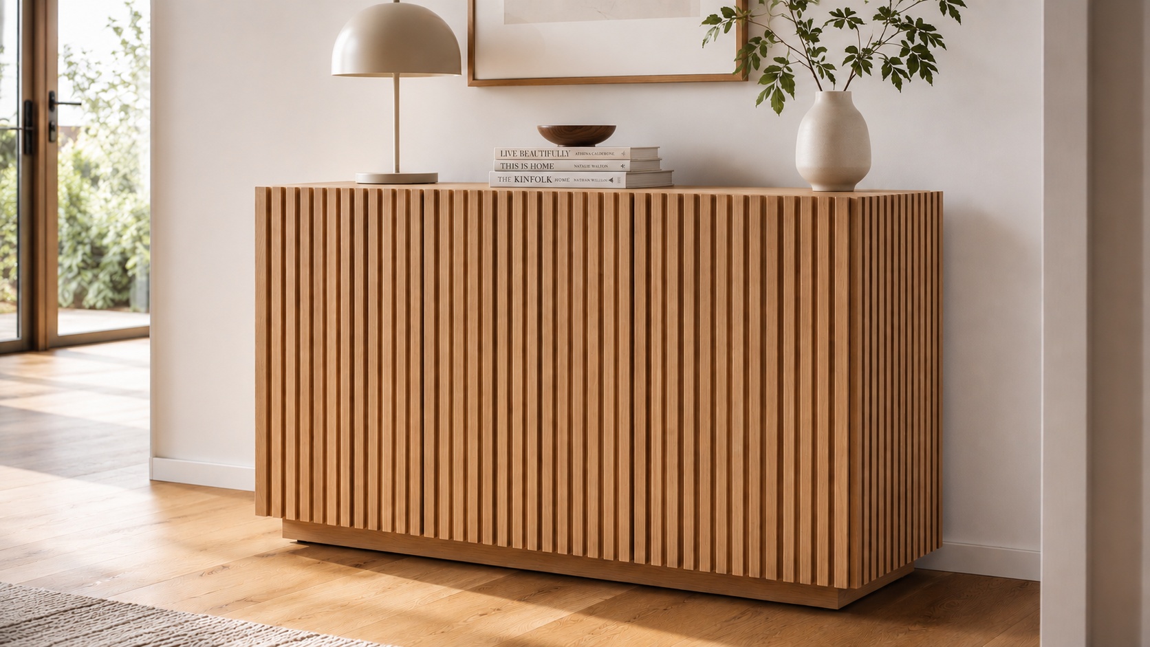 Ein Sideboard zeigt sichtbare Holzleisten aus Eiche.