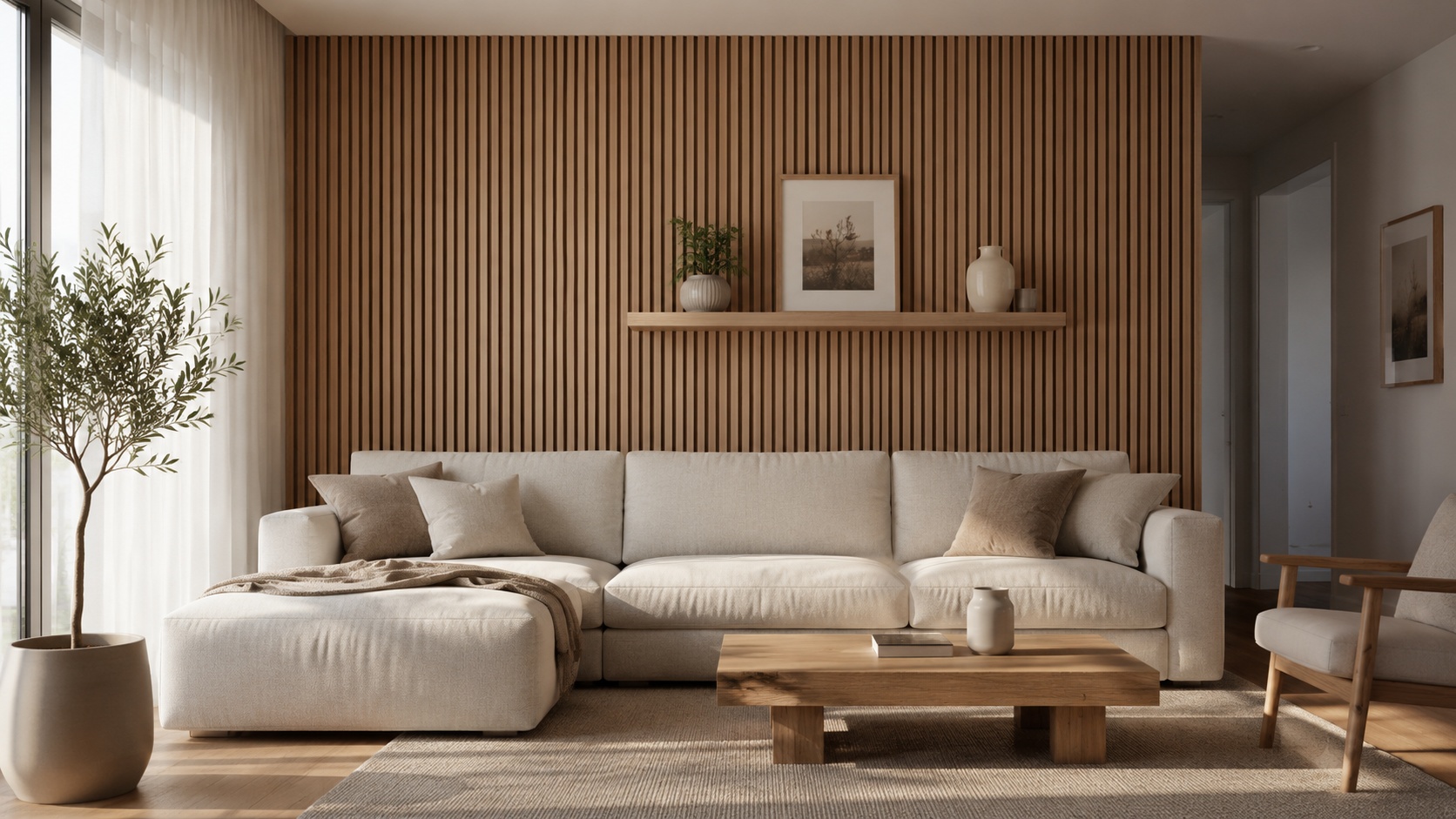 Eine Wand aus Eiche Holzleisten befindet sich hinter einem Sofa im Wohnzimmer.