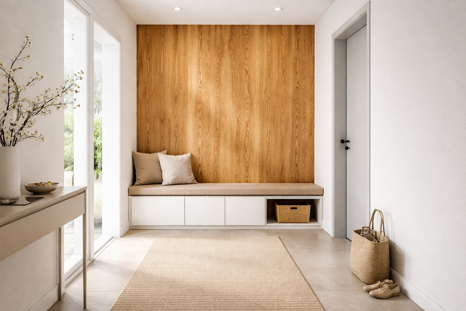 Flur mit Akzentfläche aus Eichenholz und lebendiger Lamellenoptik.