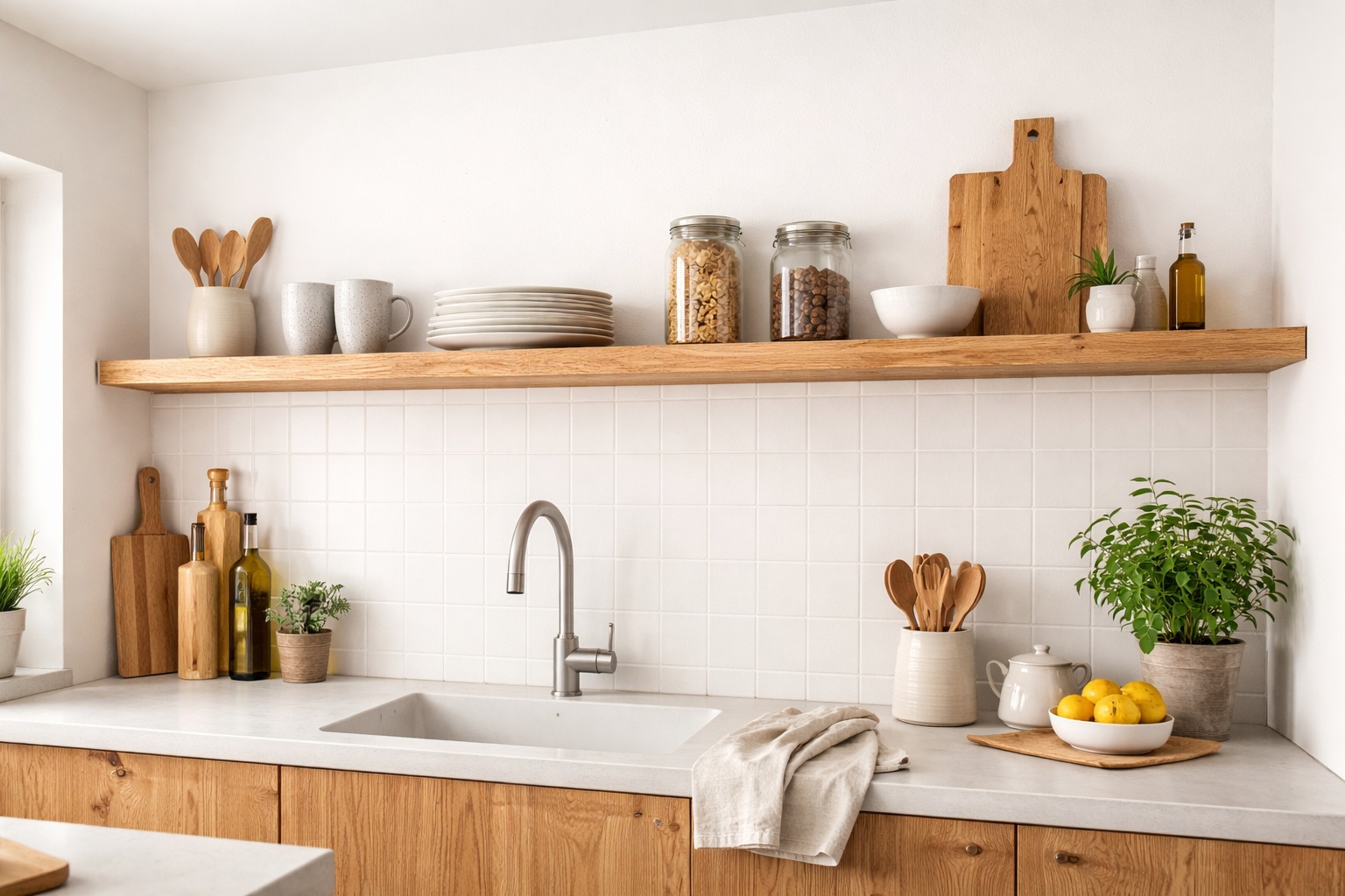 Offener Regalboden aus Eichenholz mit natürlicher Lamellenoptik in der Küche.