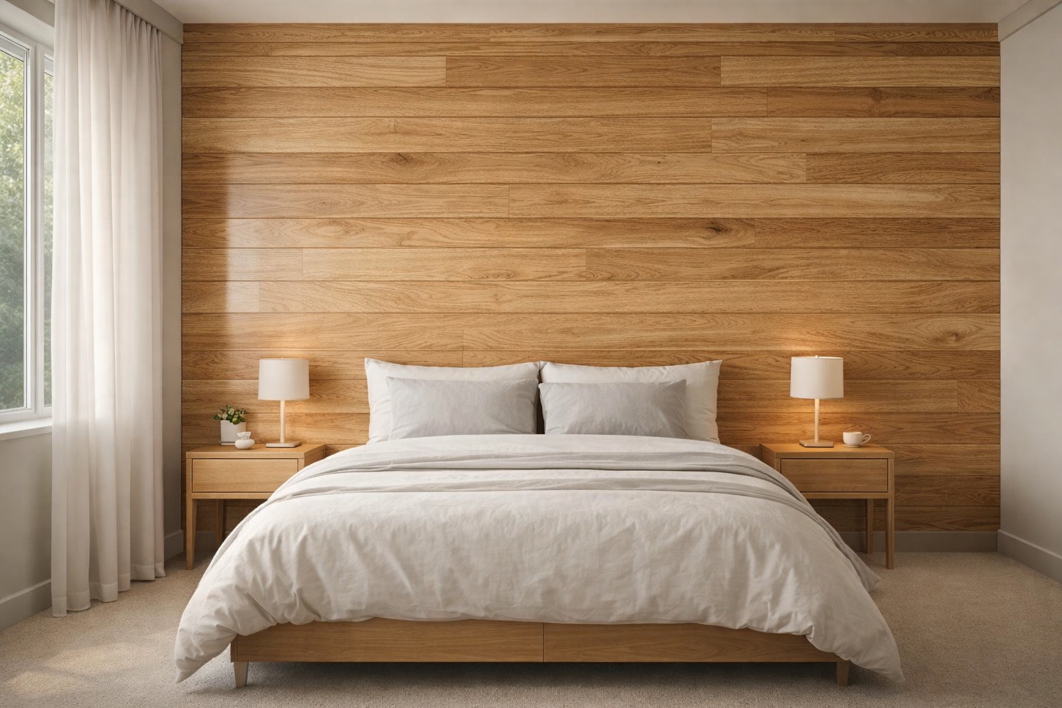 Schlafzimmer mit ruhiger Akzentwand aus Eichenholzlamellen.