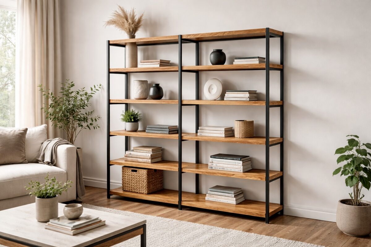 Eichenholzregal mit dunklem Metallrahmen in modernem, wohnlichem Innenraum.