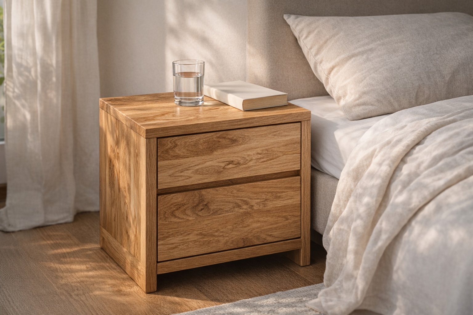 Ein Nachttisch aus Eiche Vario-Lamelle steht neben einem Bett mit weicher Bettwäsche.