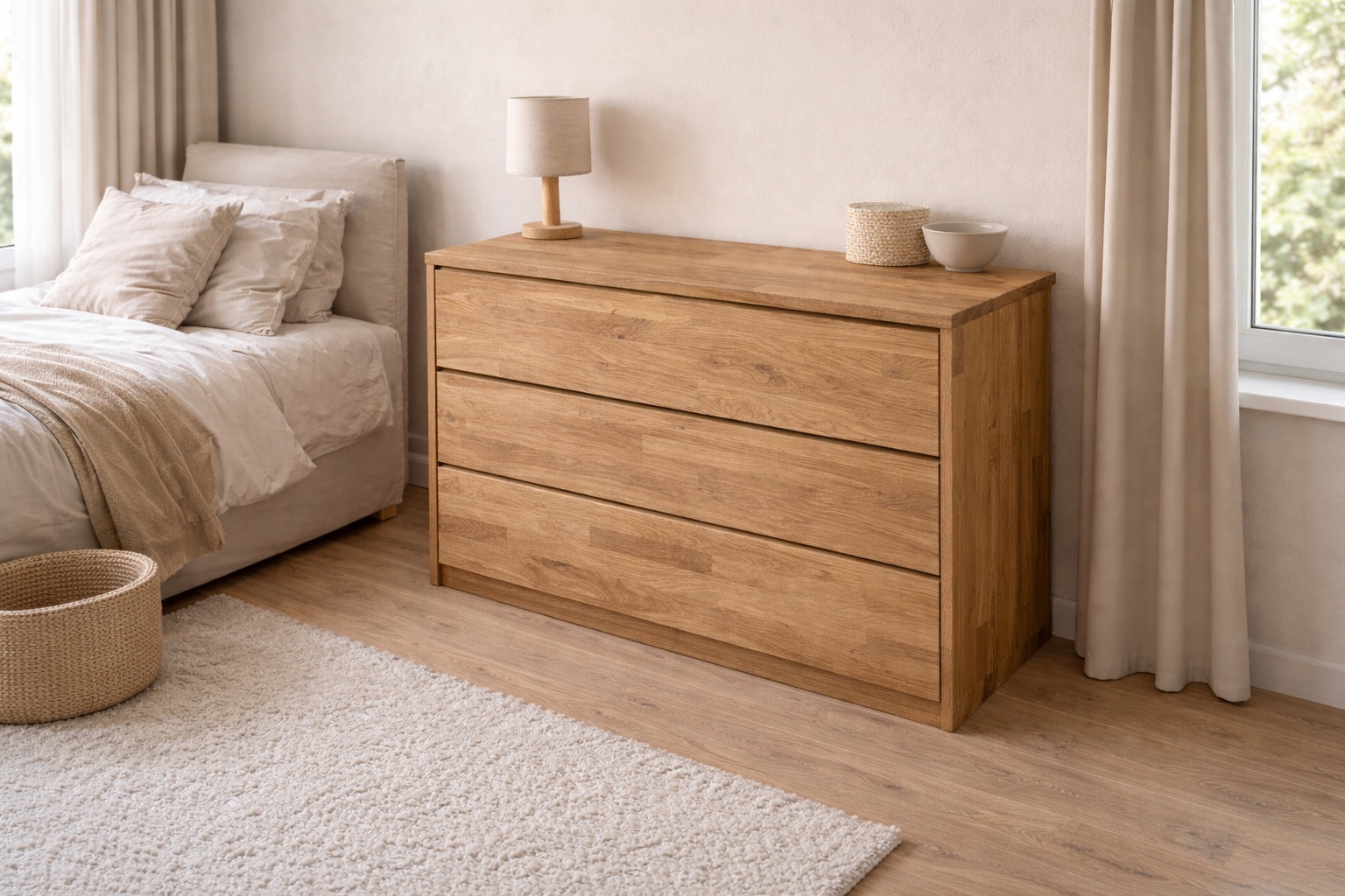 Eine Eiche Vario-Lamelle Kommode steht im hellen Schlafzimmer neben einem Bett.
