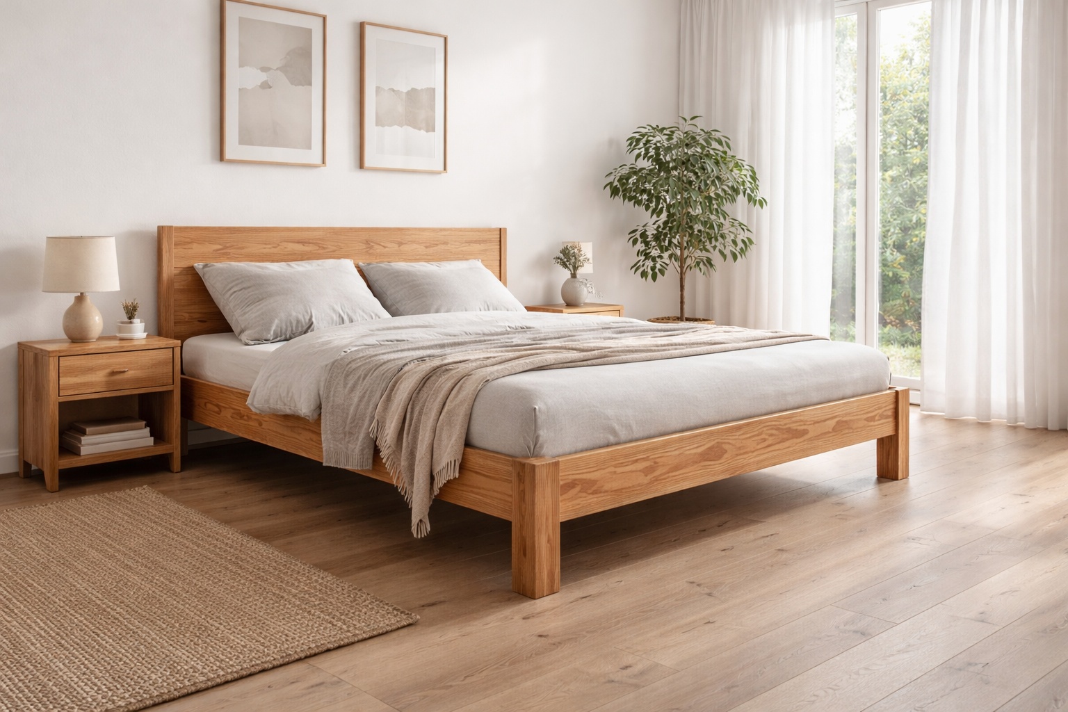 Ein Bettgestell aus lamellierter Eiche steht in einem ruhigen Schlafzimmer.