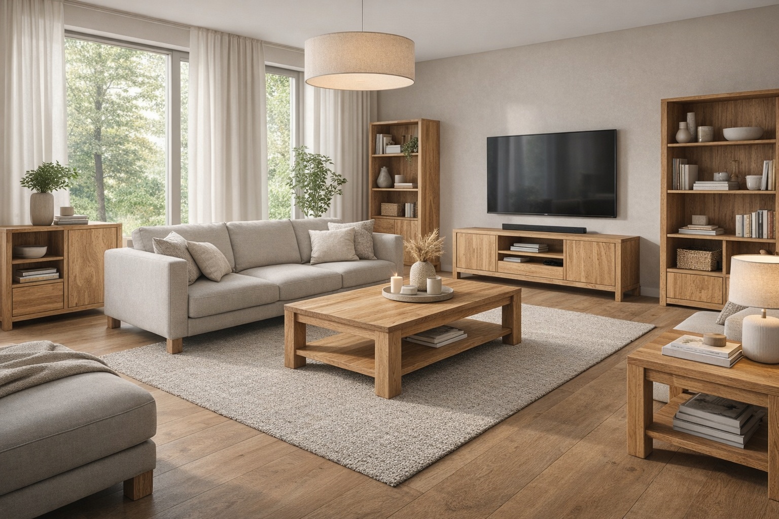 Mehrere Möbel aus Eiche Vario-Lamelle stehen in einem gemütlichen Wohnzimmer mit Sofa.