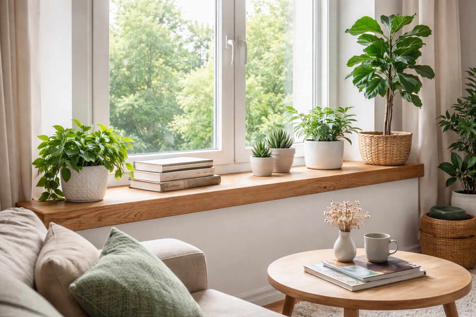 Helles Wohnzimmer mit aufgedoppelter Fensterbank aus massiver Eiche.
