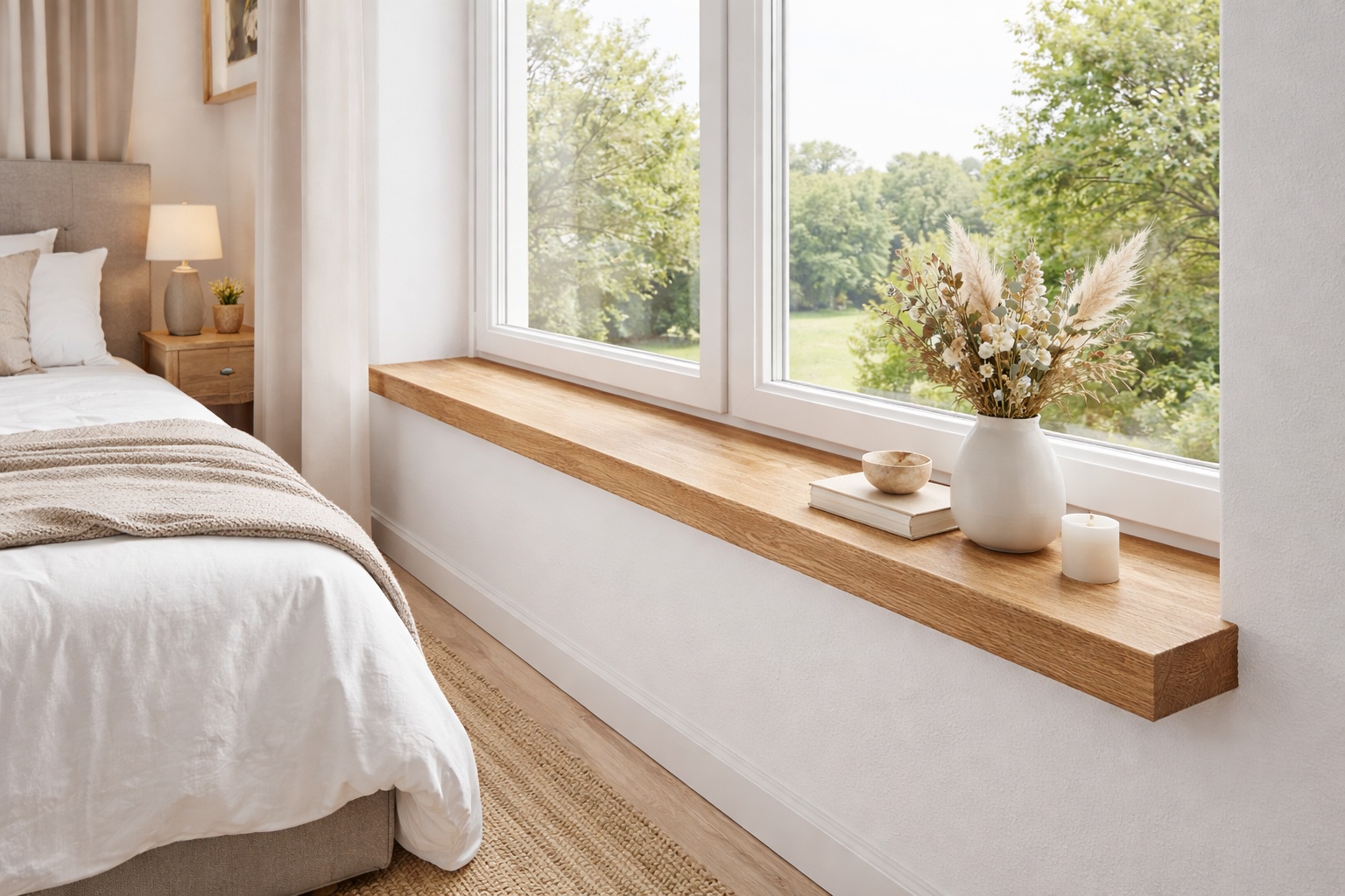 Schlafzimmer mit ruhiger Fensterbank aus aufgedoppelter Eiche.
