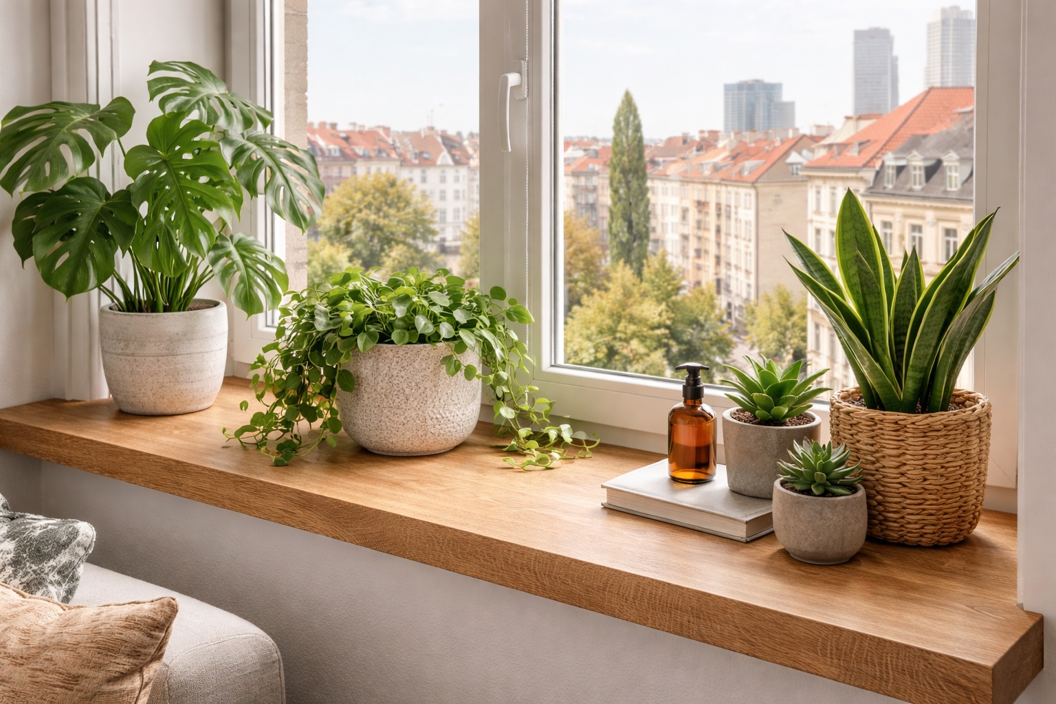 Stadtwohnung mit aufgedoppelter Eichenfensterbank und Pflanzenarrangement.