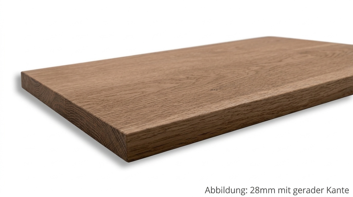 Massivholzplatte aus Eiche mit gerader Kante, natürlicher Maserung und glatter Oberfläche.