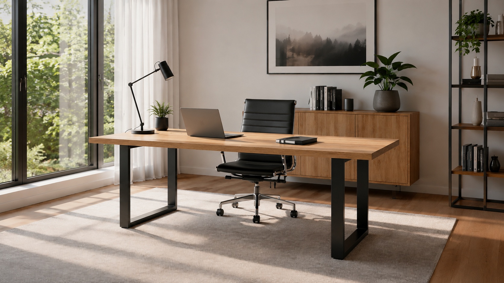 Ein freistehender Schreibtisch aus aufgedoppelter Eiche steht in einem modernen Arbeitszimmer.