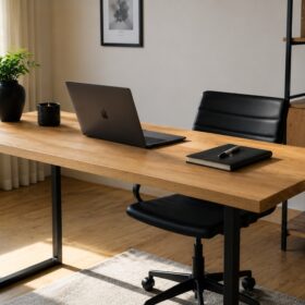 Ein Schreibtisch aus aufgedoppelter Eiche steht in einem ruhigen Homeoffice mit Tageslicht.