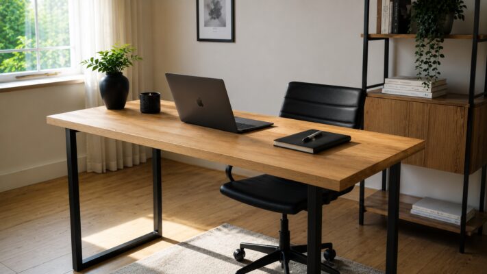 Ein Schreibtisch aus aufgedoppelter Eiche steht in einem ruhigen Homeoffice mit Tageslicht.