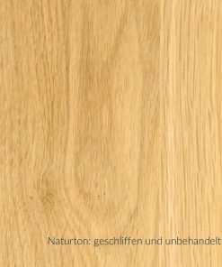 Eiche Massivholzplatte im Naturton, fein geschliffen und unbehandelt, mit sichtbarer Holzmaserung.