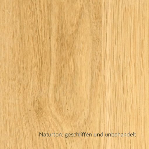 Eiche Massivholzplatte im Naturton, fein geschliffen und unbehandelt, mit sichtbarer Holzmaserung.