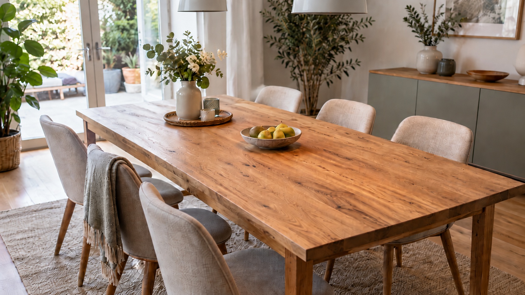 Eiken tafelblad met stoelen, planten, vaas en fruitschaal in een lichte eetkamer.