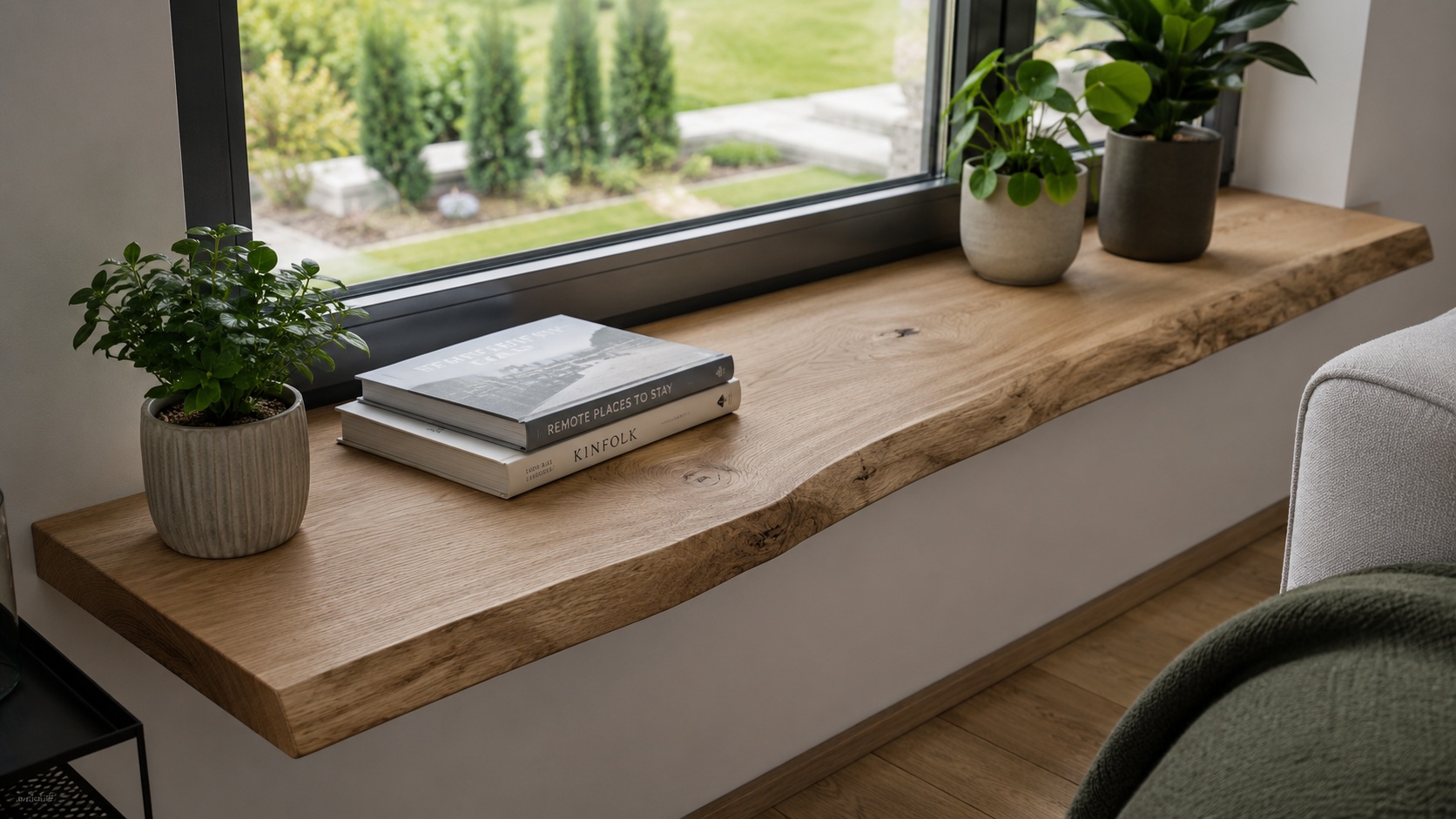 Eine Fensterbank aus massiver Eichenbohle steht vor einem großen Wohnzimmerfenster.