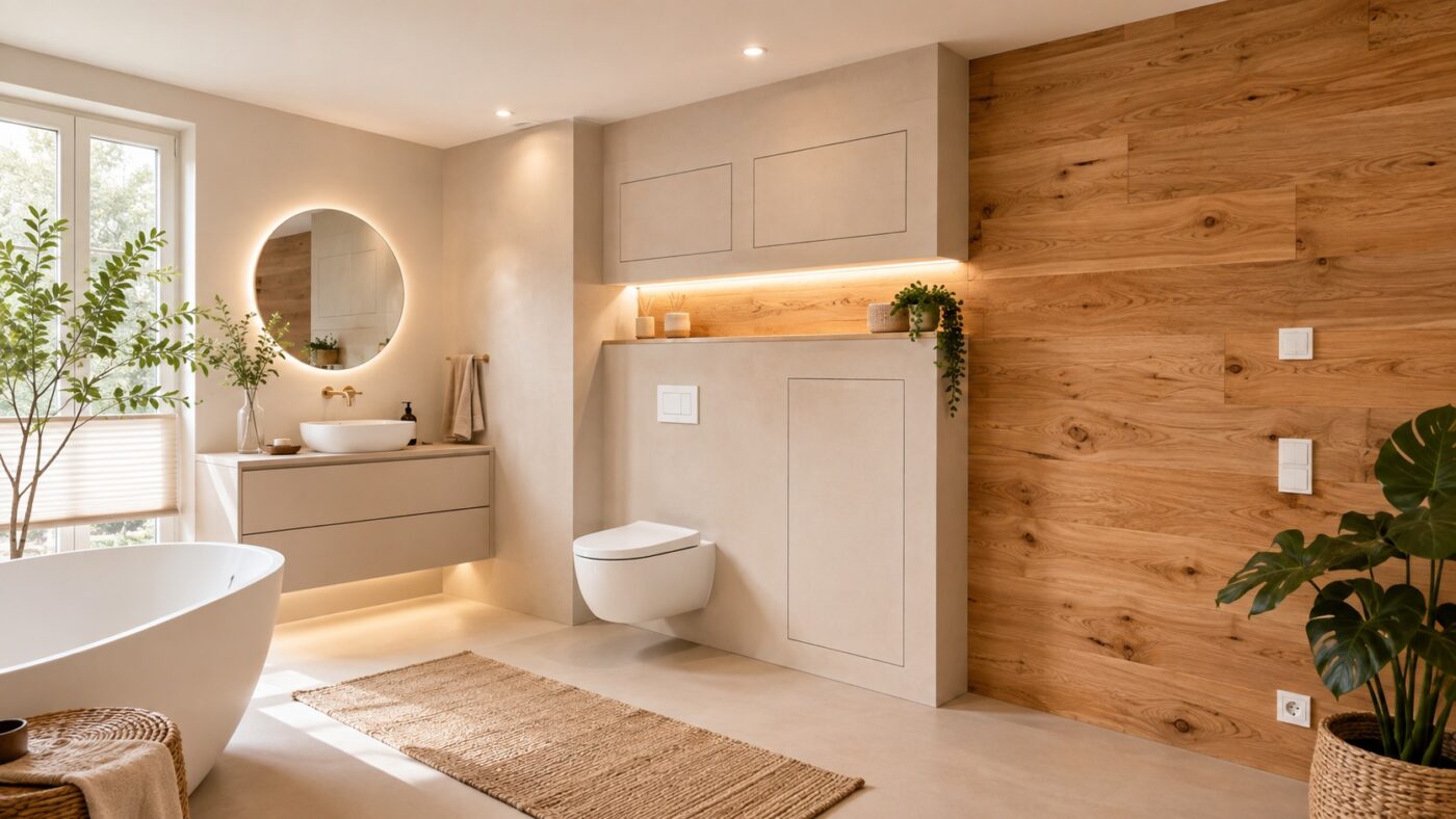 Helles Badezimmer mit Eichenholzwand, Badewanne, Waschtisch, Wand-WC und grünen Pflanzen.