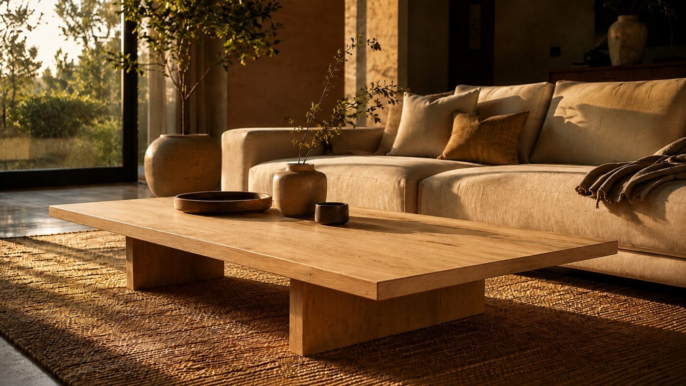 Ein Couchtisch aus Eichenholz steht vor einem hellen Sofa in einem sonnigen Wohnzimmer.