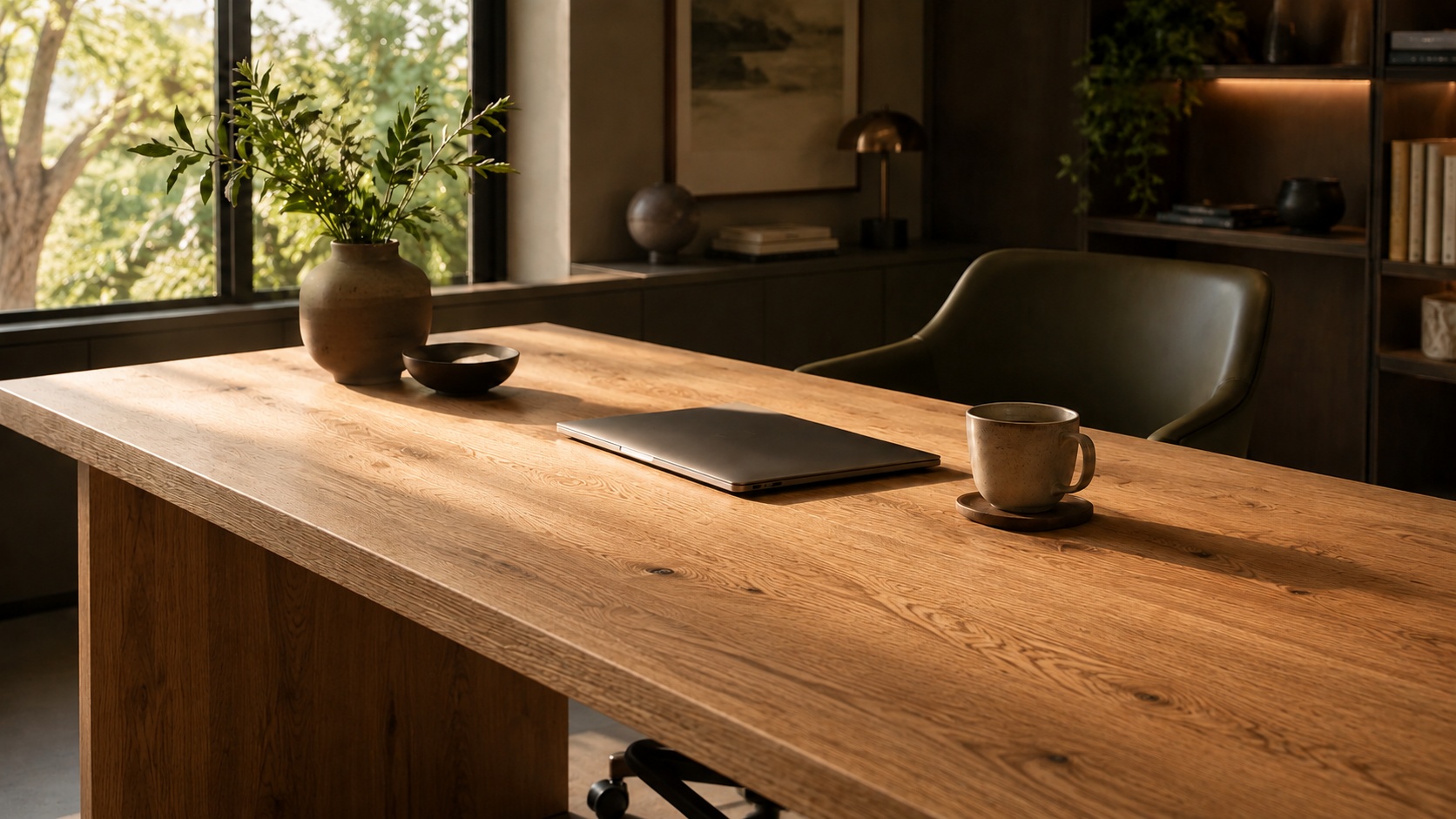 Ein großer Schreibtisch aus Eichenholz trägt einen Laptop, eine Tasse und eine Vase mit grünen Zweigen.