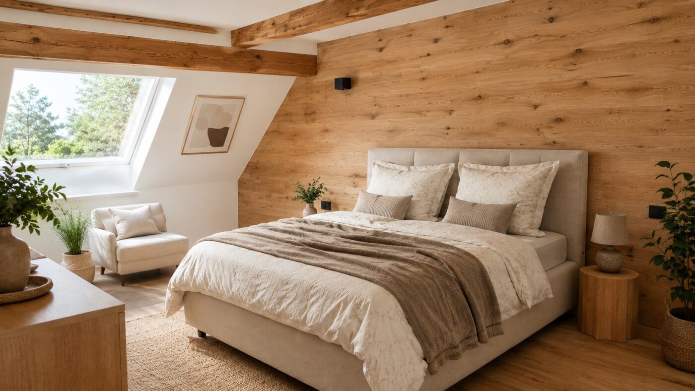 Helles Schlafzimmer mit Eichenholzwand, Polsterbett, Dachfenster, Sessel und grünen Zimmerpflanzen.