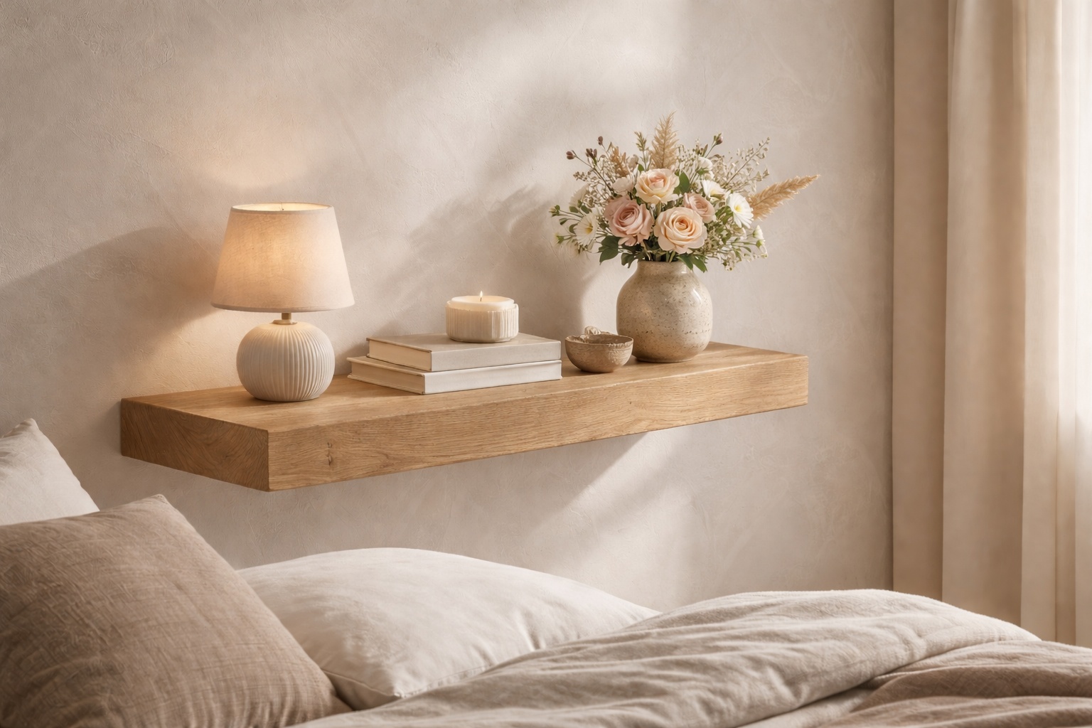 Ein schwebendes Eichenregal bringt Ordnung und Wärme in ein ruhiges Schlafzimmer.