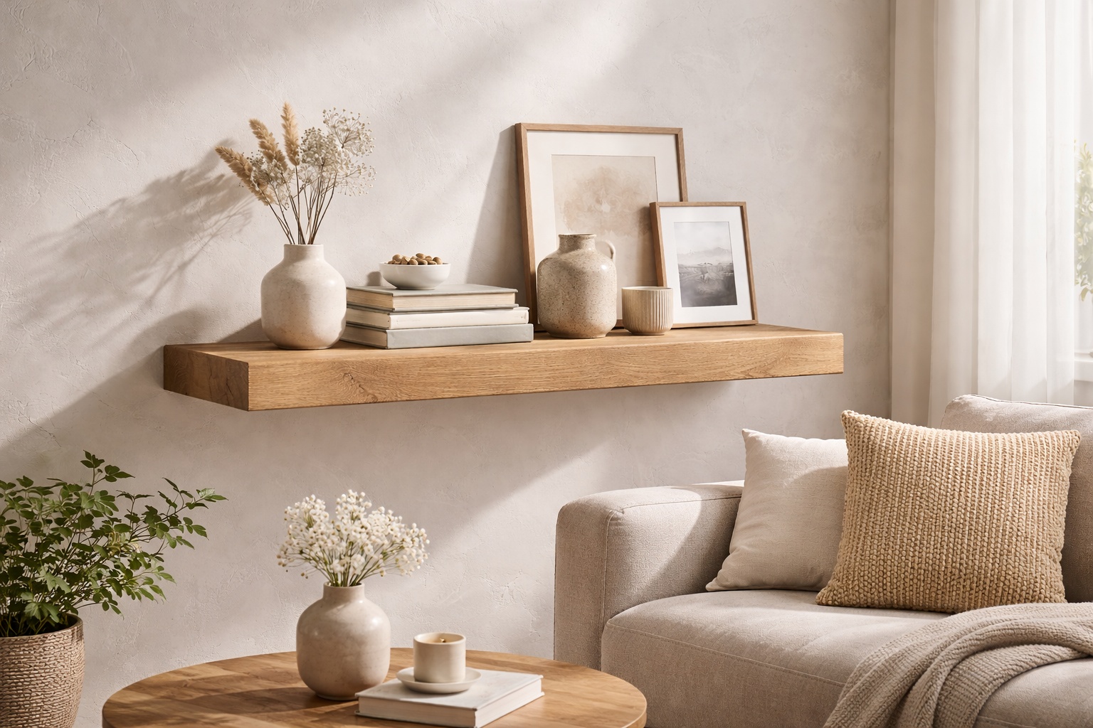 Ein schwebendes Eichenregal präsentiert Bücher und persönliche Objekte im Wohnzimmer.