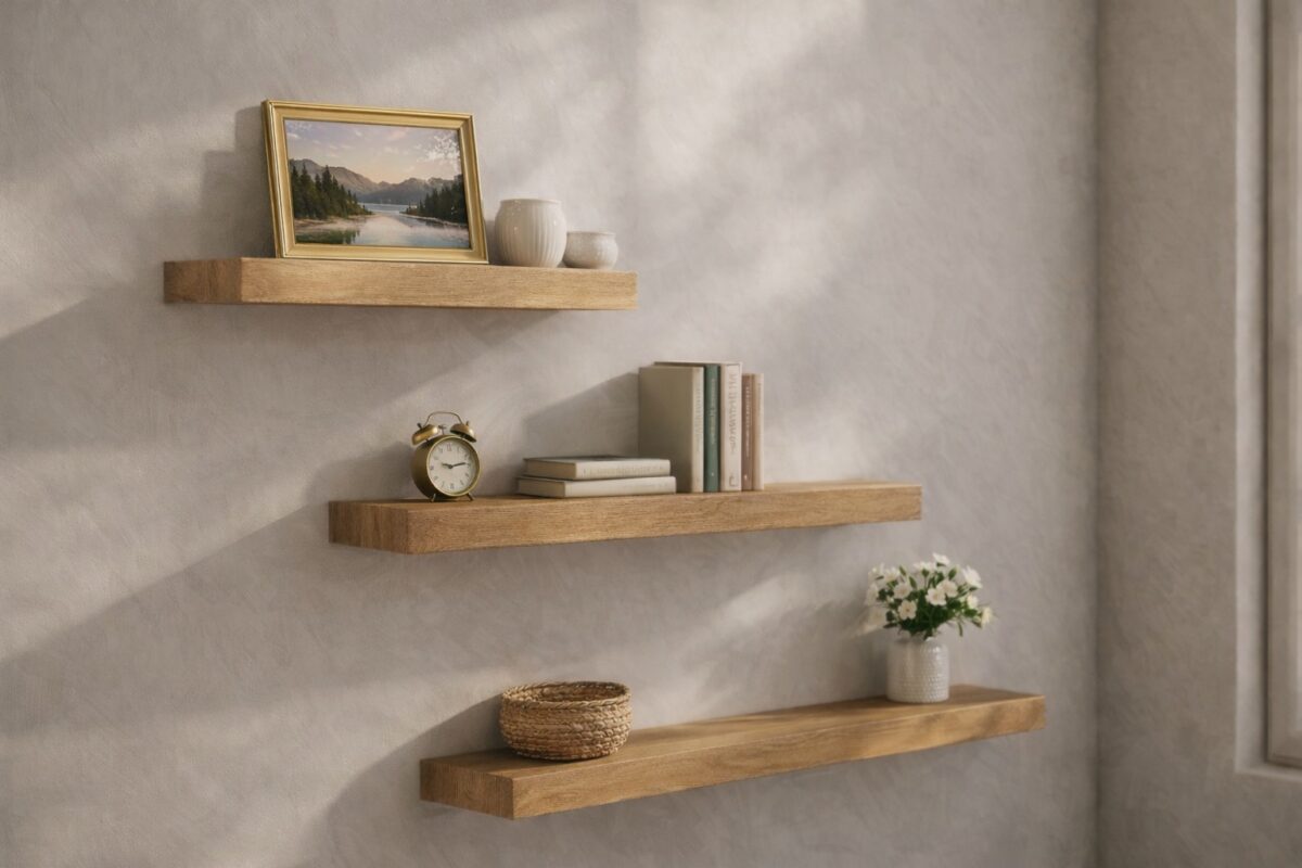 Mehrere schwebende Eichenregale strukturieren eine Wohnwand mit persönlicher Note.