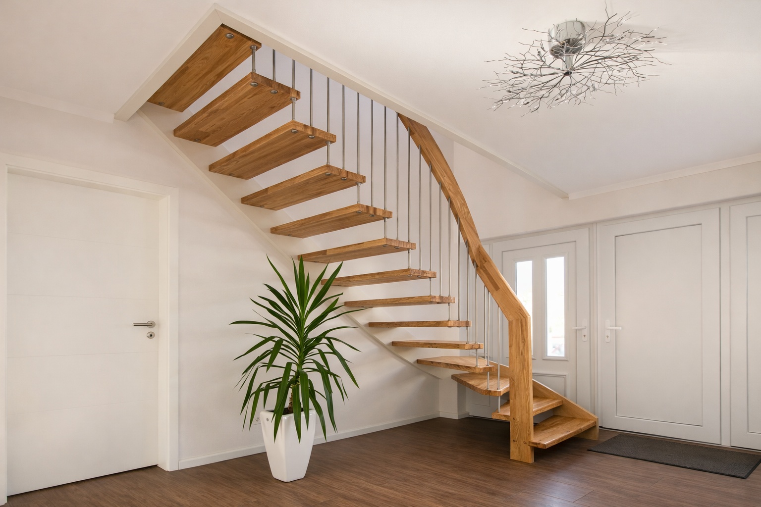 Freitragende Holztreppe mit geraden Stufen und filigranem Geländer im Wohnraum.