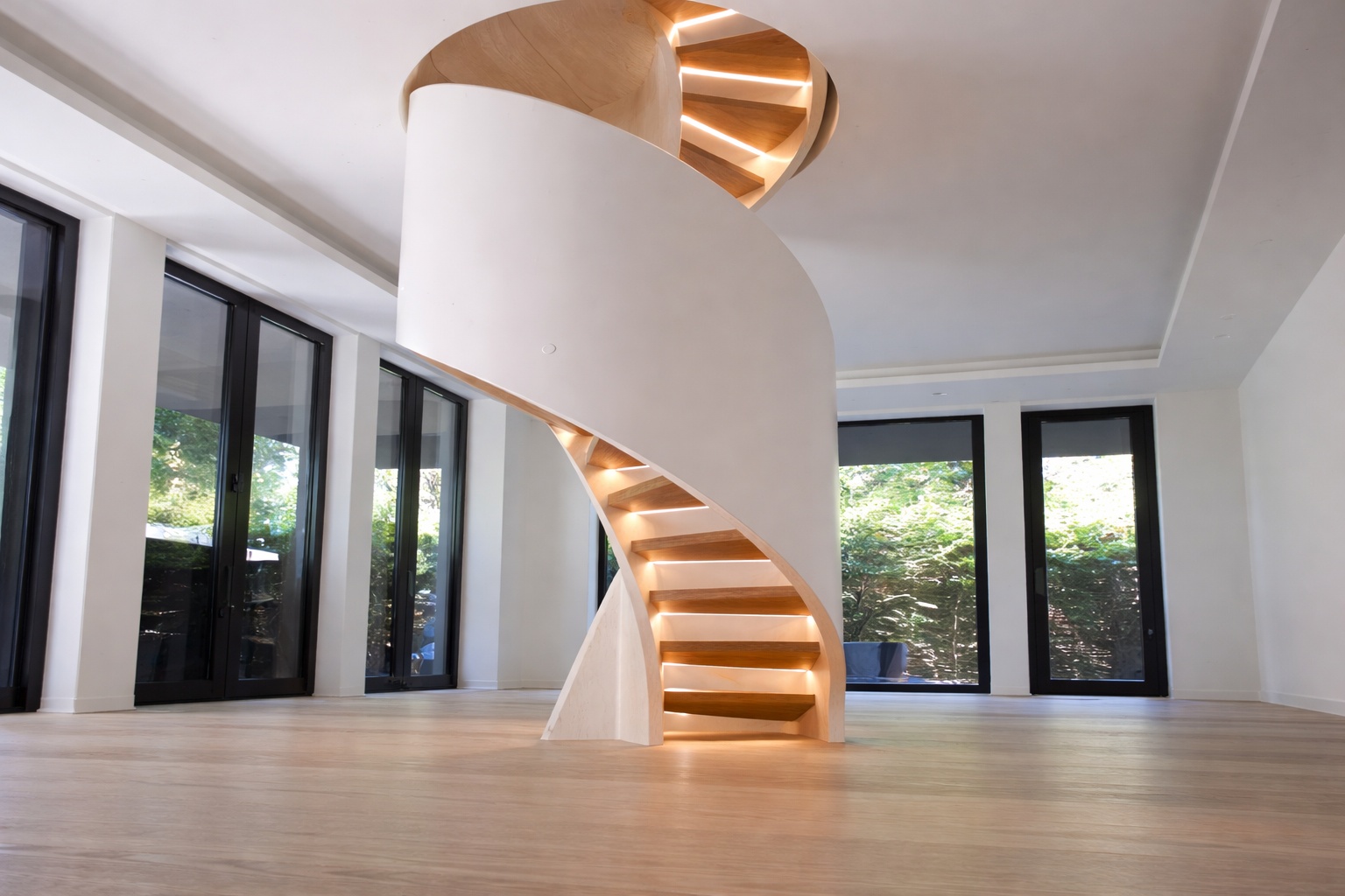 Beleuchtete Wendeltreppe mit Holzstufen windet sich um einen weißen Kern.