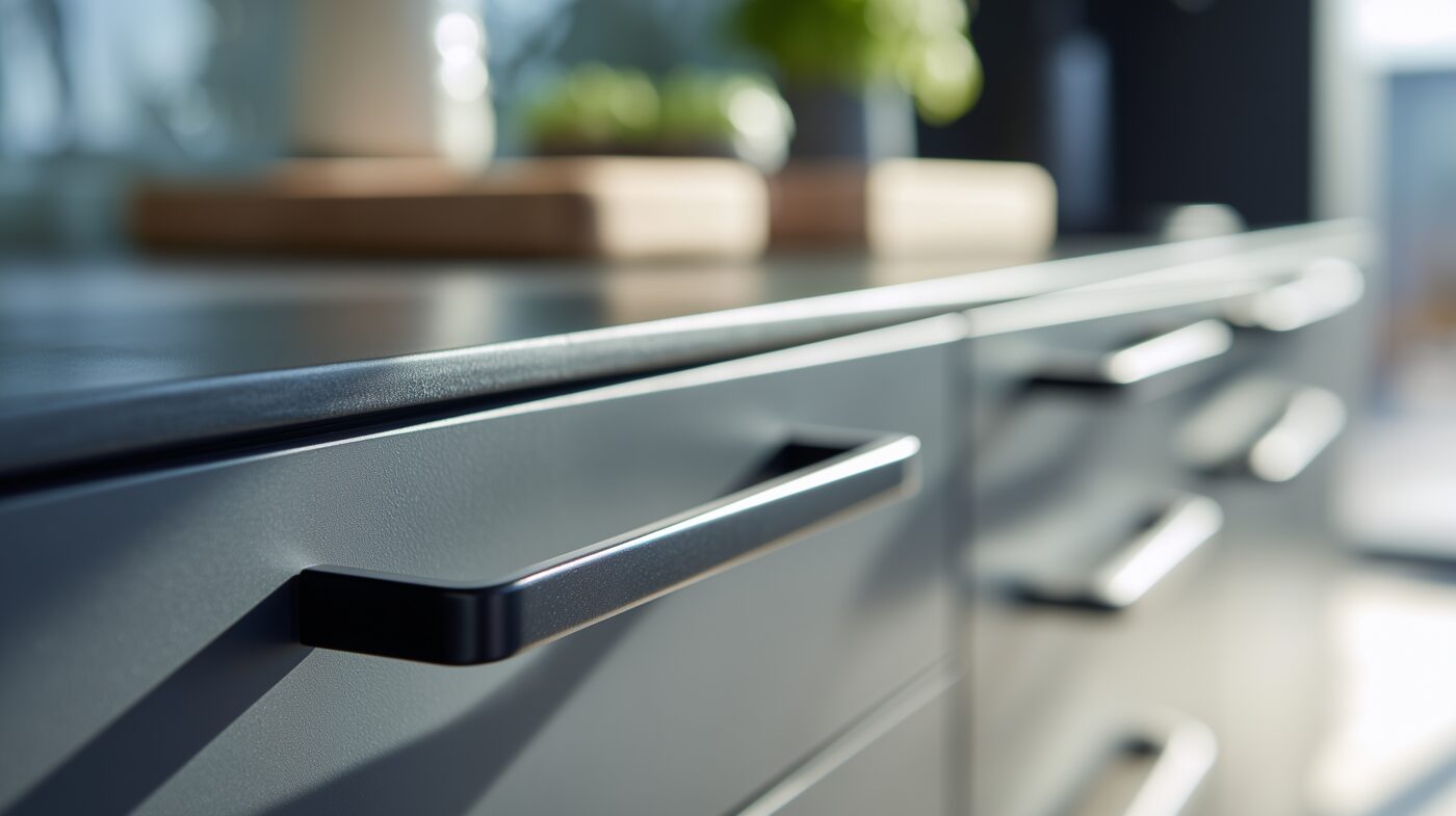 Eloxierte Küchengriffe aus schwarzem Aluminium mit glatter Oberfläche.